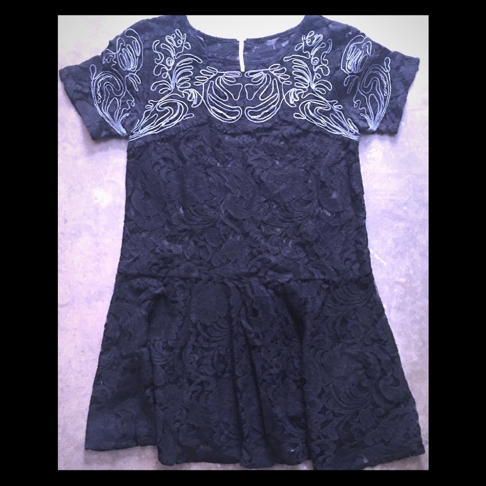 Free People Embroidered black lace dress
